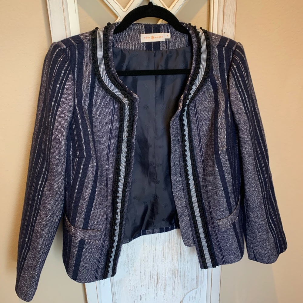 Tory Burch navy wool/tweed blazer.